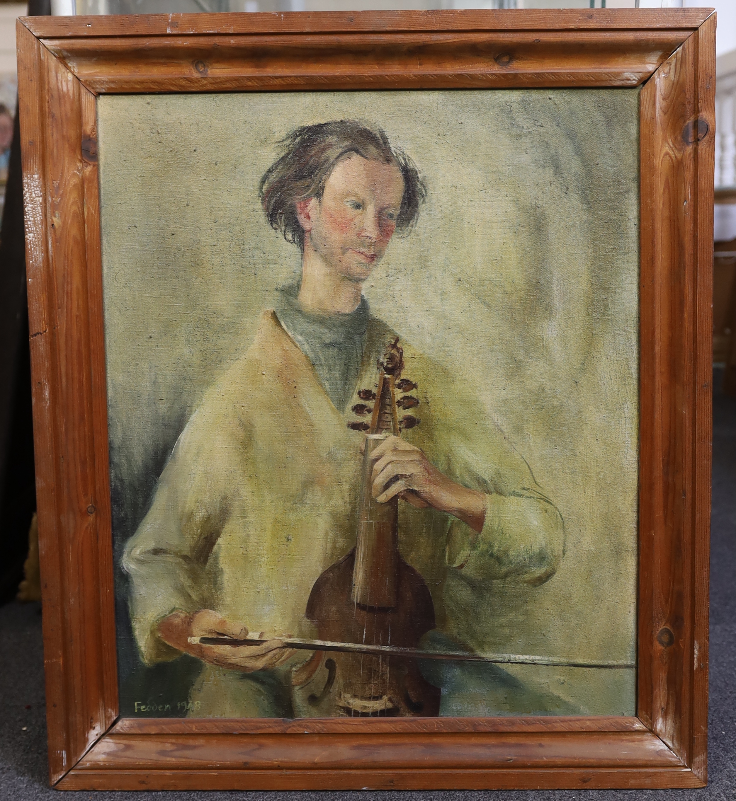 Mary Fedden OBE R.A. PPRWA (1915-2012), Portrait of Professor Robert Donington, playing the Viola de Gamba, oil on canvas, 60 x 50cm